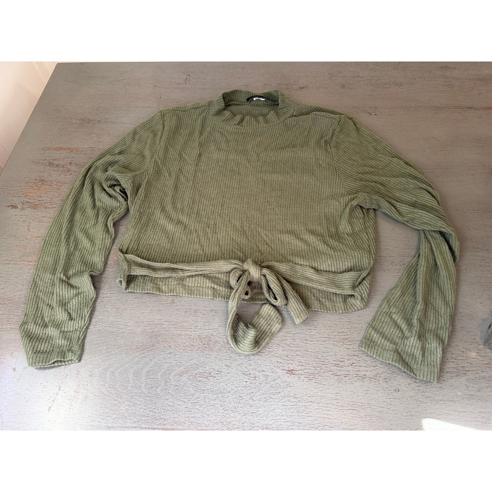 B Flawless Olive Green Ribbed Mock Neck Tie Front Crop Top 3X